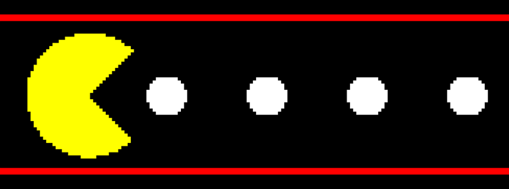 image shows a black banner with a yellow pac man shape facing from left to right moving towards three white dots as if to consume them.